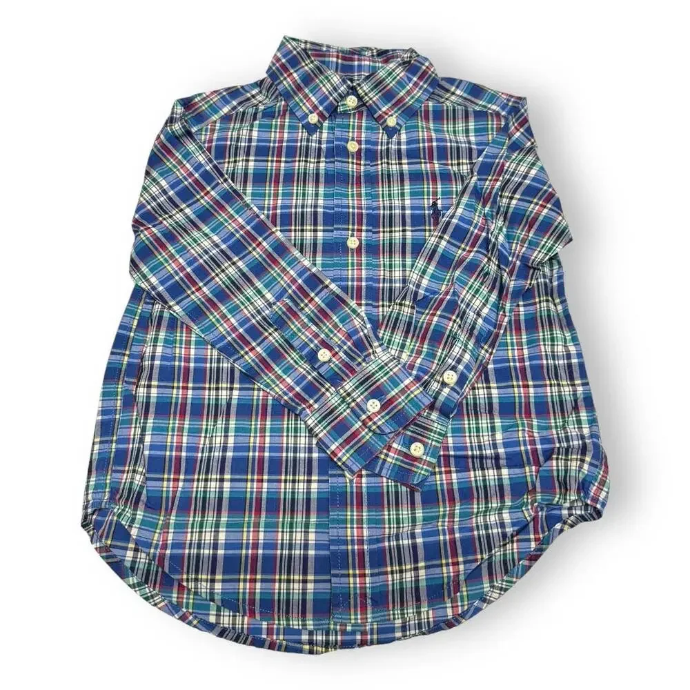 Ralph Lauren Boys Shirt Sz 3 3T Blue‎ Red Green Yellow White Plaid Long Sleeve